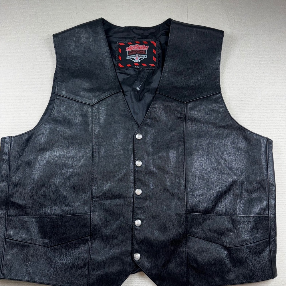 Interstate Leather Vest Men XXL Black Biker Western Snap Button Pockets Lined